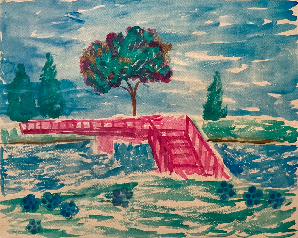watercolor painting of a red bridge over a river with a tree in the background